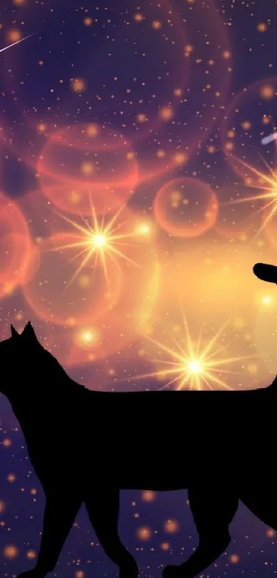 Silhouette of a cat against a starry background in dark purple and gold tones.