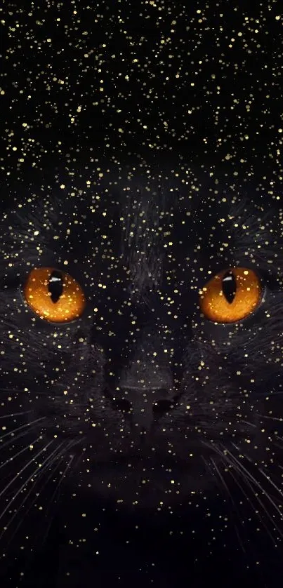 Mystical black cat with glowing eyes in starry night background.