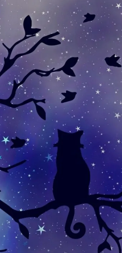 Cat silhouette on branch under a starry night sky.