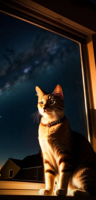 Cat sitting by a window under night sky with stars and galaxy.