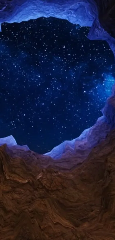 Starry night sky viewed through a cave, perfect for mobile wallpaper.