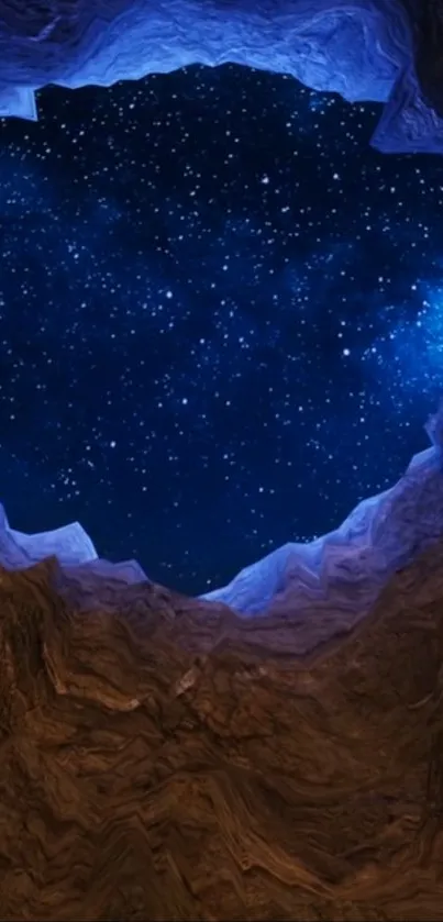 Starry night sky through a cave opening, creating a stunning view.