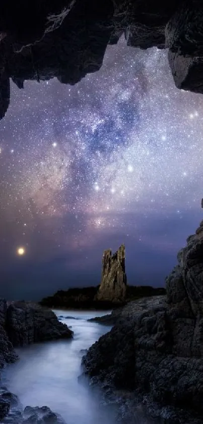 Starry sky seen through a cave opening with rock formations.