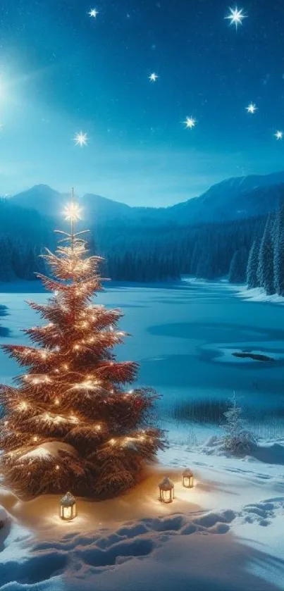 Starry night with Christmas tree by a snowy lake.