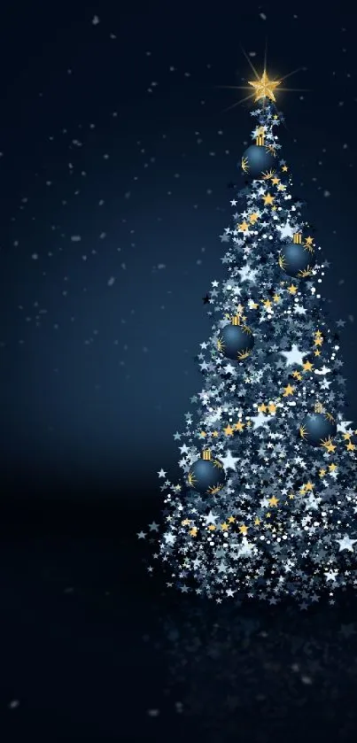 Christmas tree with starry night background in dark blue hues.