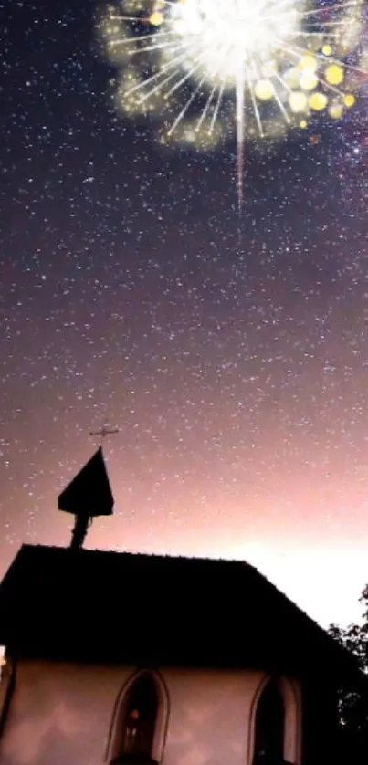 Silhouette of a church under a vibrant starry sky.