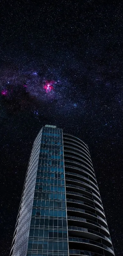 Modern skyscraper against a starry night sky, perfect for mobile wallpapers.