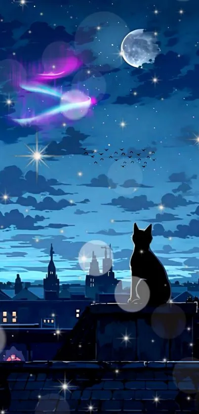 Cat sitting on a rooftop under a starry sky in the city.