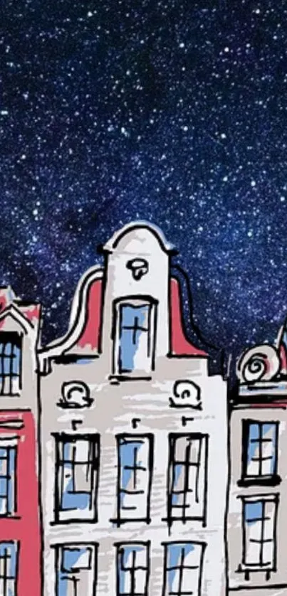 Illustrated European townhouses under a starry night sky.