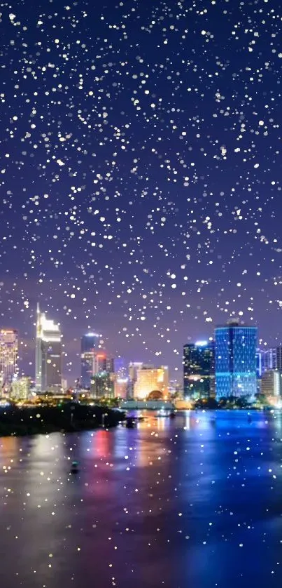 Starry night sky over an illuminated cityscape reflected on the water.