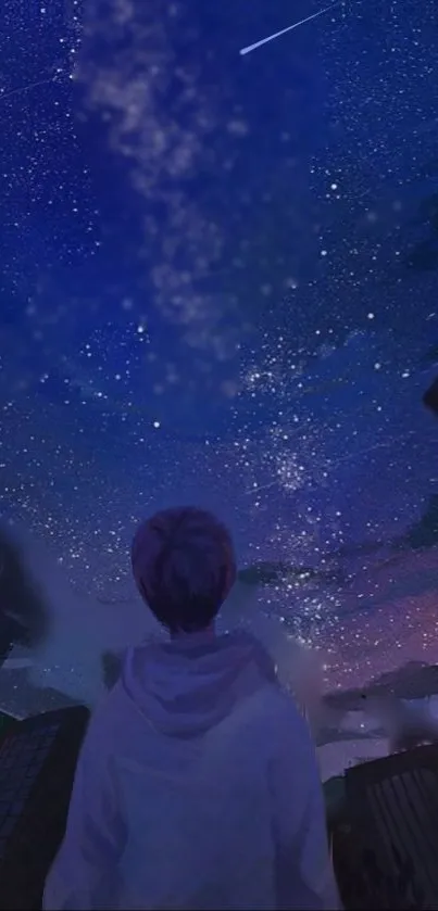 Person gazing at a star-filled night sky above urban buildings.