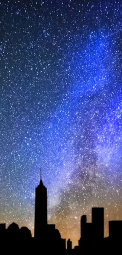 Silhouette cityscape under starry sky with Milky Way for mobile wallpaper.