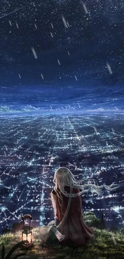 Anime cityscape under a starry night sky with a girl gazing at the city lights.