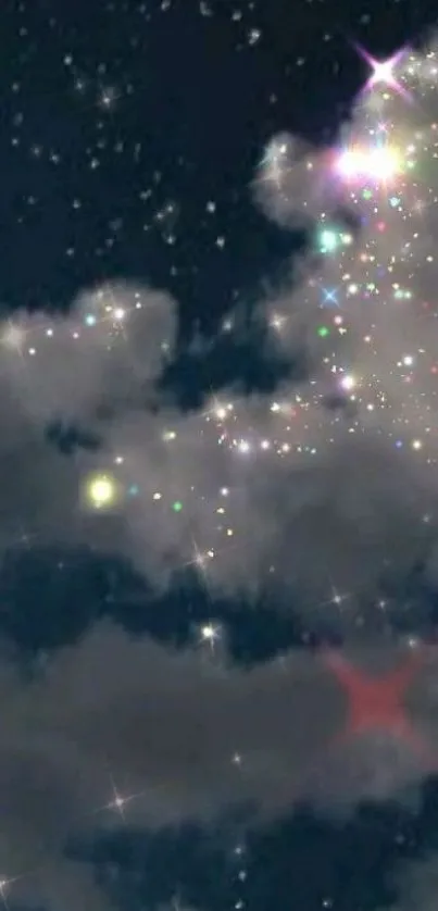Starry night wallpaper with clouds sparkling.