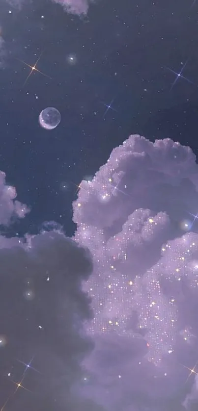 Starry night sky with clouds and moon on a mobile wallpaper.