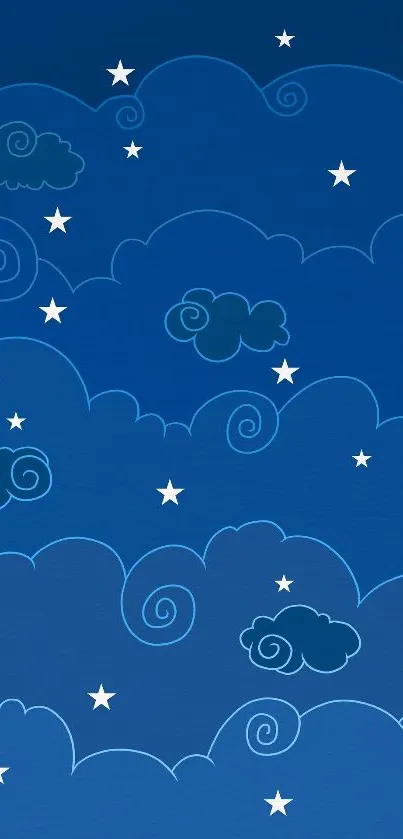 Starry night sky with whimsical clouds on a blue background.