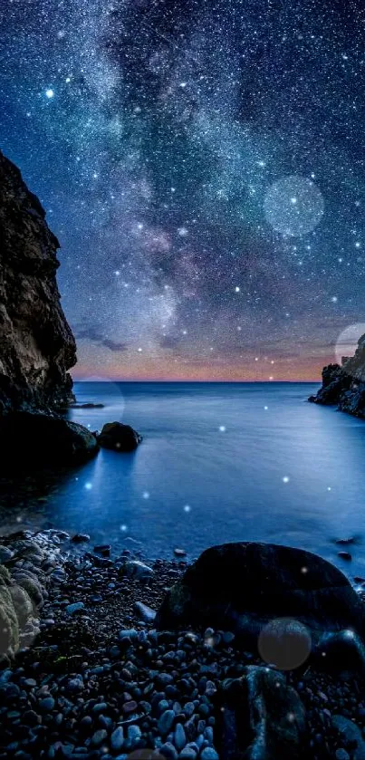 Starry night and Milky Way illuminate a rocky coastal view.