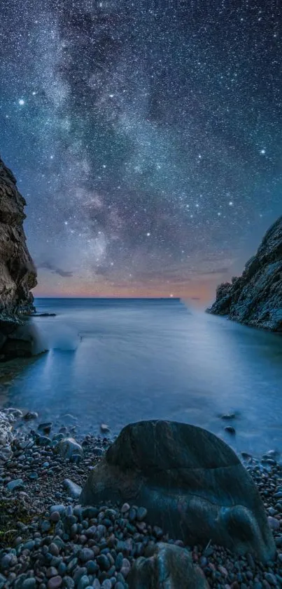 Starry night over a calm coastal scene, with rocky shores and serene water.