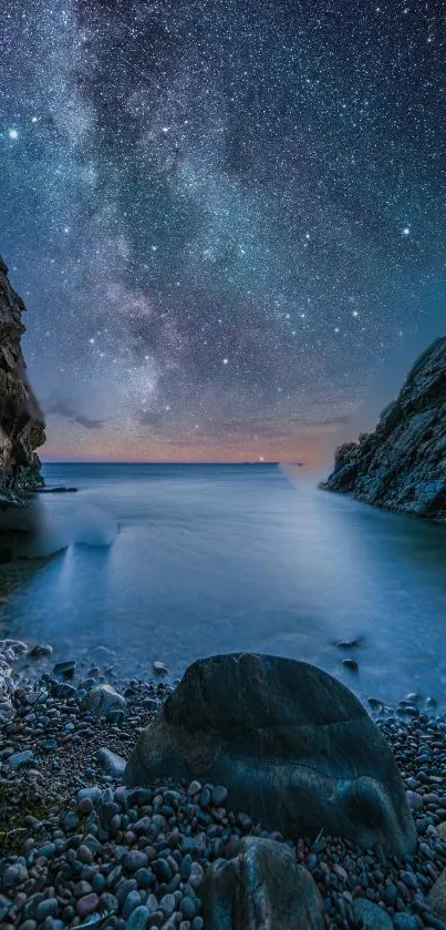 Starry night sky over tranquil coastal scenery with dark cliffs.