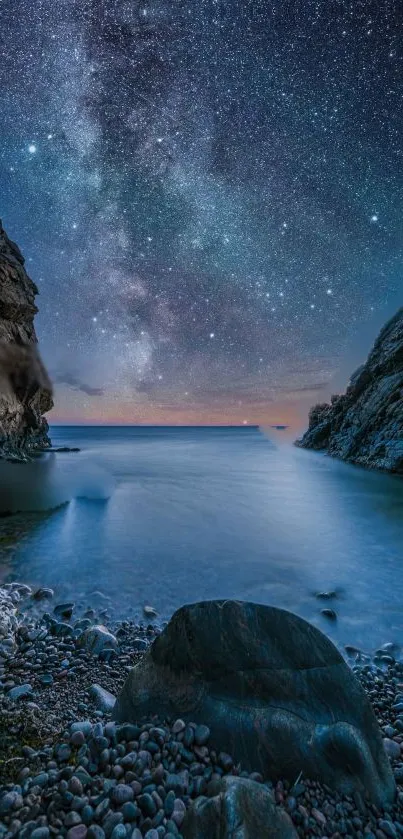 Starry night sky over a tranquil rocky shore.