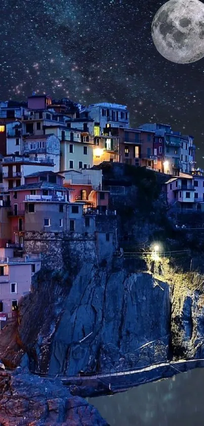 Starry night over cliffside village with moonlit sky.