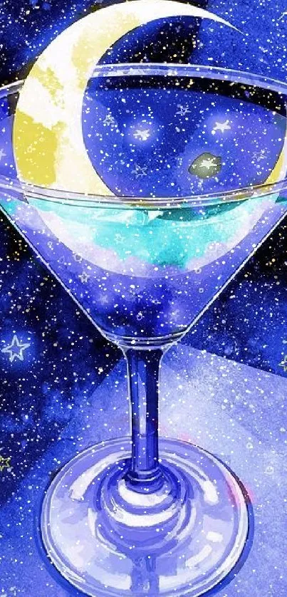 Artistic cocktail glass filled with a starry night and crescent moon design.