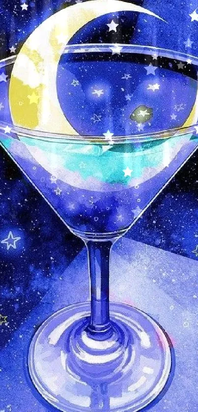 Blue starry night cocktail glass wallpaper with celestial theme.