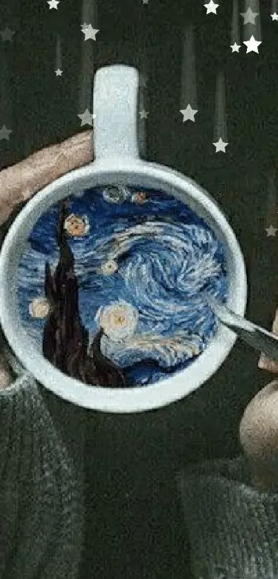 Creative coffee cup with Starry Night art.