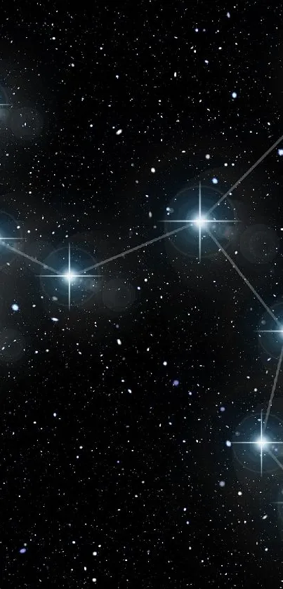 Starry night constellation wallpaper for mobile, featuring a dark sky and bright stars.