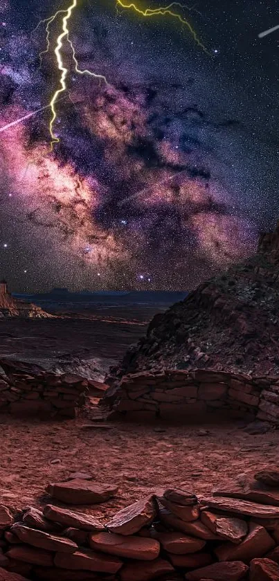 Cosmic landscape with starry night sky and lightning over rocks.