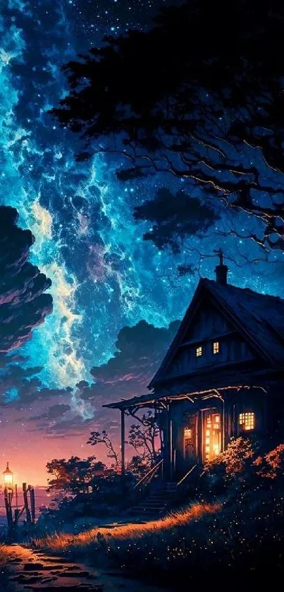 Enchanting starry night sky over a cozy cottage, vivid colors and warm lighting.