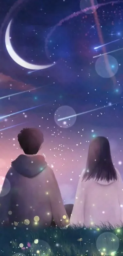 Couple under a starry sky with crescent moon and shooting stars in a dreamy scene.