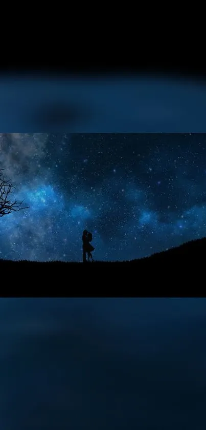 Silhouette of a couple under a starry night sky with a cosmic backdrop.