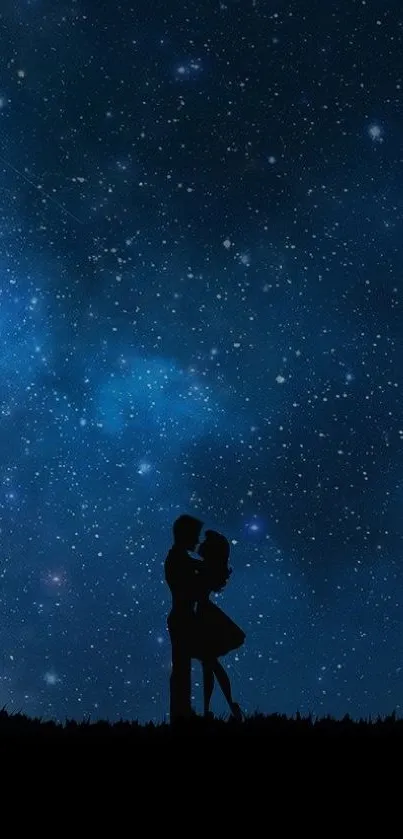 Silhouette of a couple under a starry night sky in a romantic wallpaper theme.