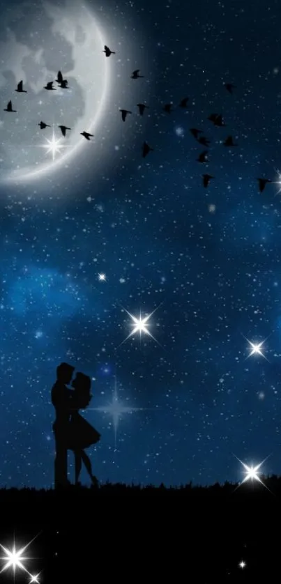 Silhouette couple under starry night sky.