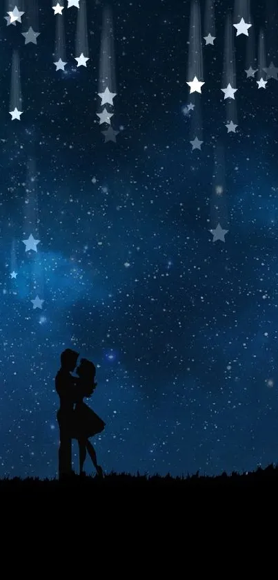 Silhouetted couple under a starry night sky with dark blue hues.