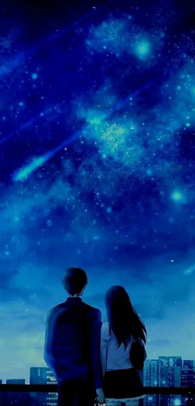 Couple under a starry night sky with city skyline.