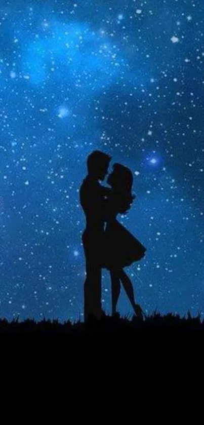 Silhouette of a couple under a starry night sky, perfect for romantic phone wallpaper.