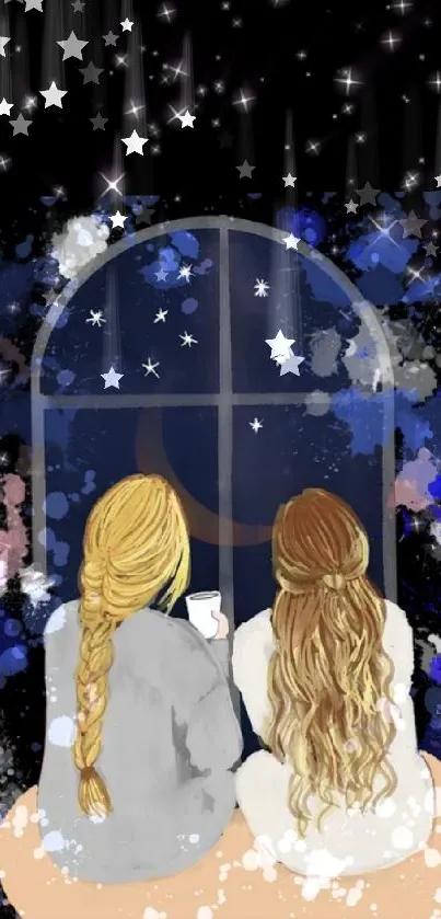 Cozy window scene with two figures gazing at a starry night sky.