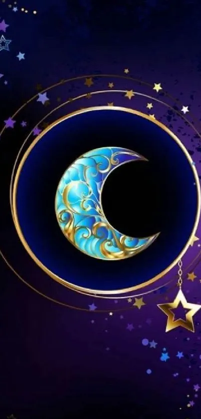 Mobile wallpaper featuring a gold and blue crescent moon with stars on dark blue background.