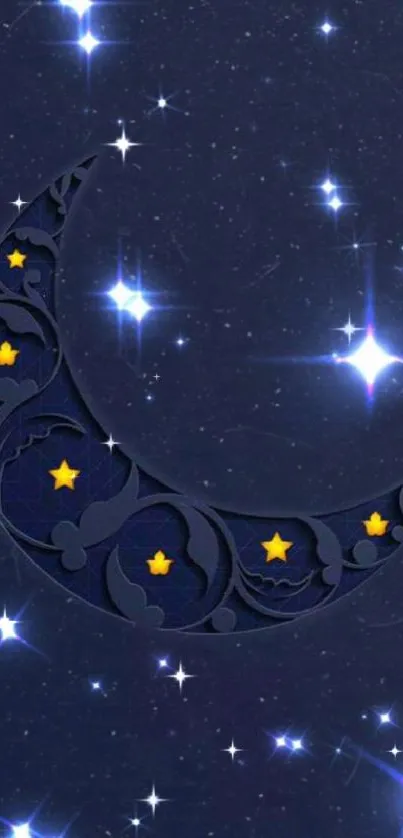 Starry night wallpaper with crescent moon and stars on a navy blue background.