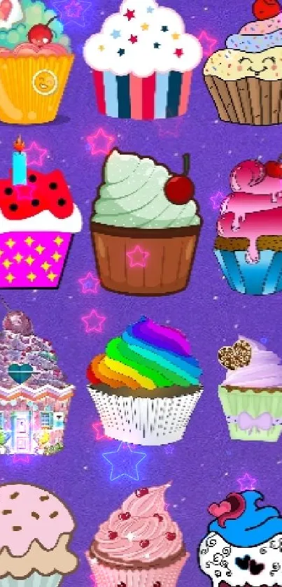 Purple sky with cupcakes and starry background.