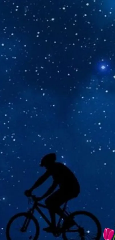 Cyclist silhouette against a starry dark blue night sky with vibrant stars.