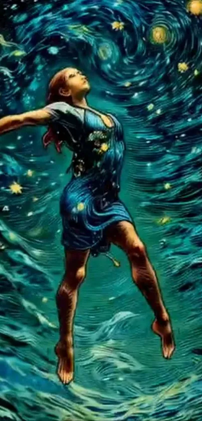 A woman dances amid swirling stars, encapsulating a dreamy, starry night scene.