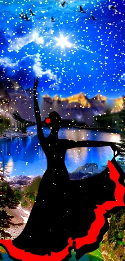 Dancing silhouette against starry night over scenic landscape.