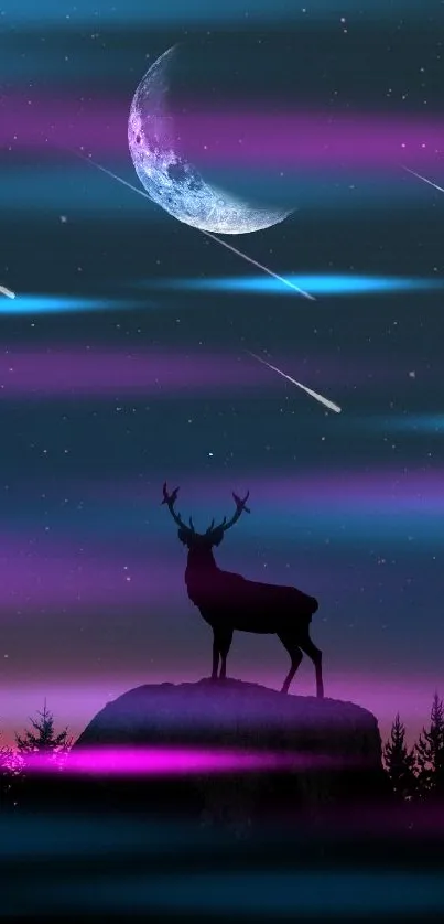 Majestic deer under a starry sky with a crescent moon.