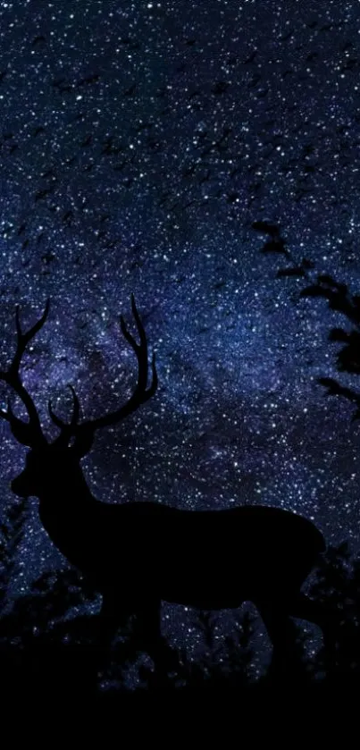 Silhouette of a deer under a starry midnight blue sky.