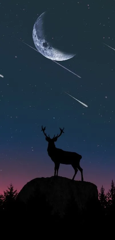 Deer silhouette under starry sky with crescent moon and shooting stars.