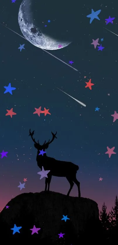 Deer silhouette under a starry night sky with a crescent moon.