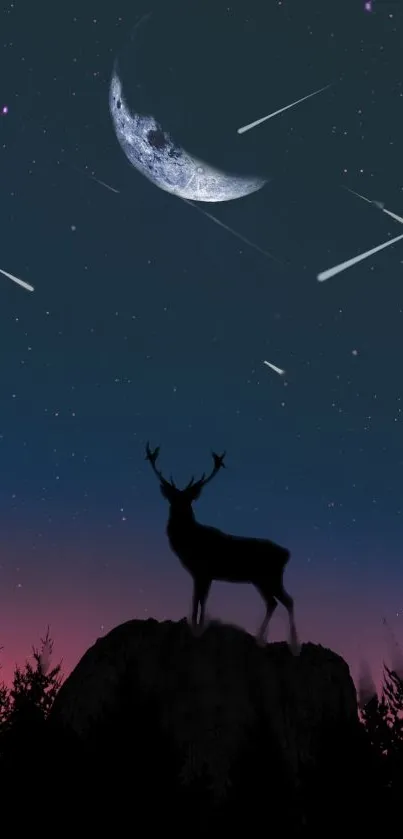 Night sky with deer silhouette and crescent moon.